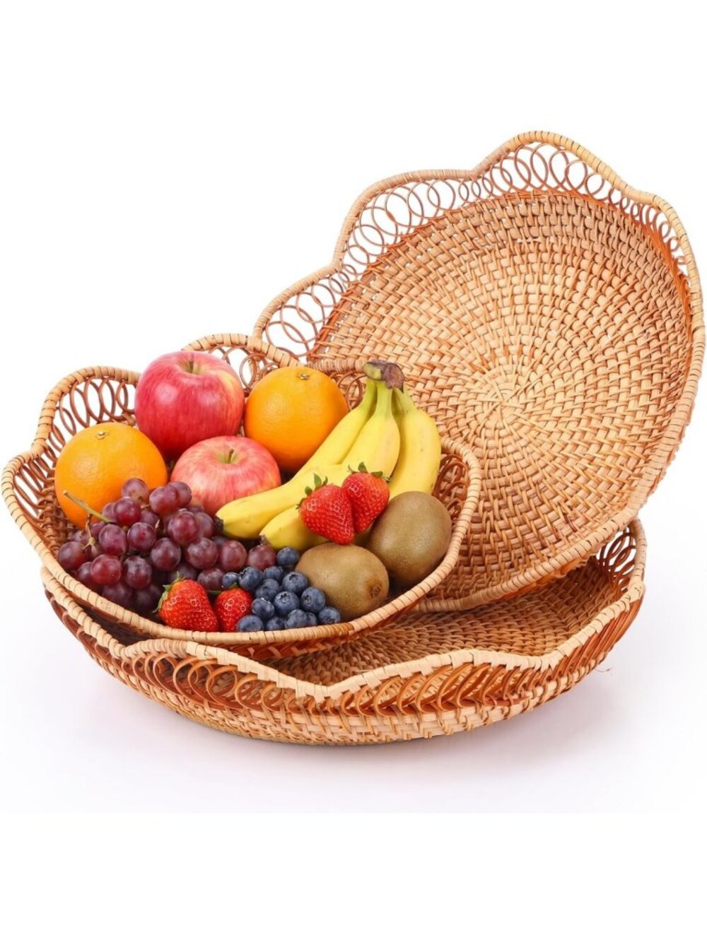 Handmade Rattan Bread & Fruit Baskets Set - Woven Decorative Serving Trays